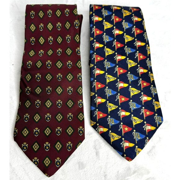 2 Tommy Hilfiger Mens Paisley & Nautical Flag Silk Ties Burgundy Blue Tie - Picture 1 of 9